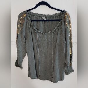 Cato Green Mineral Wash Women's Top with Sequin Accents Size XL